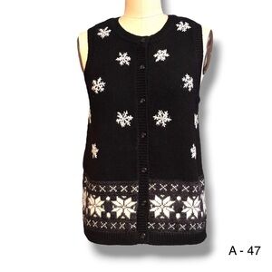 Russ Ugly Christmas Sweater Vest Women's Sz S Black Snowflakes Wool Blend